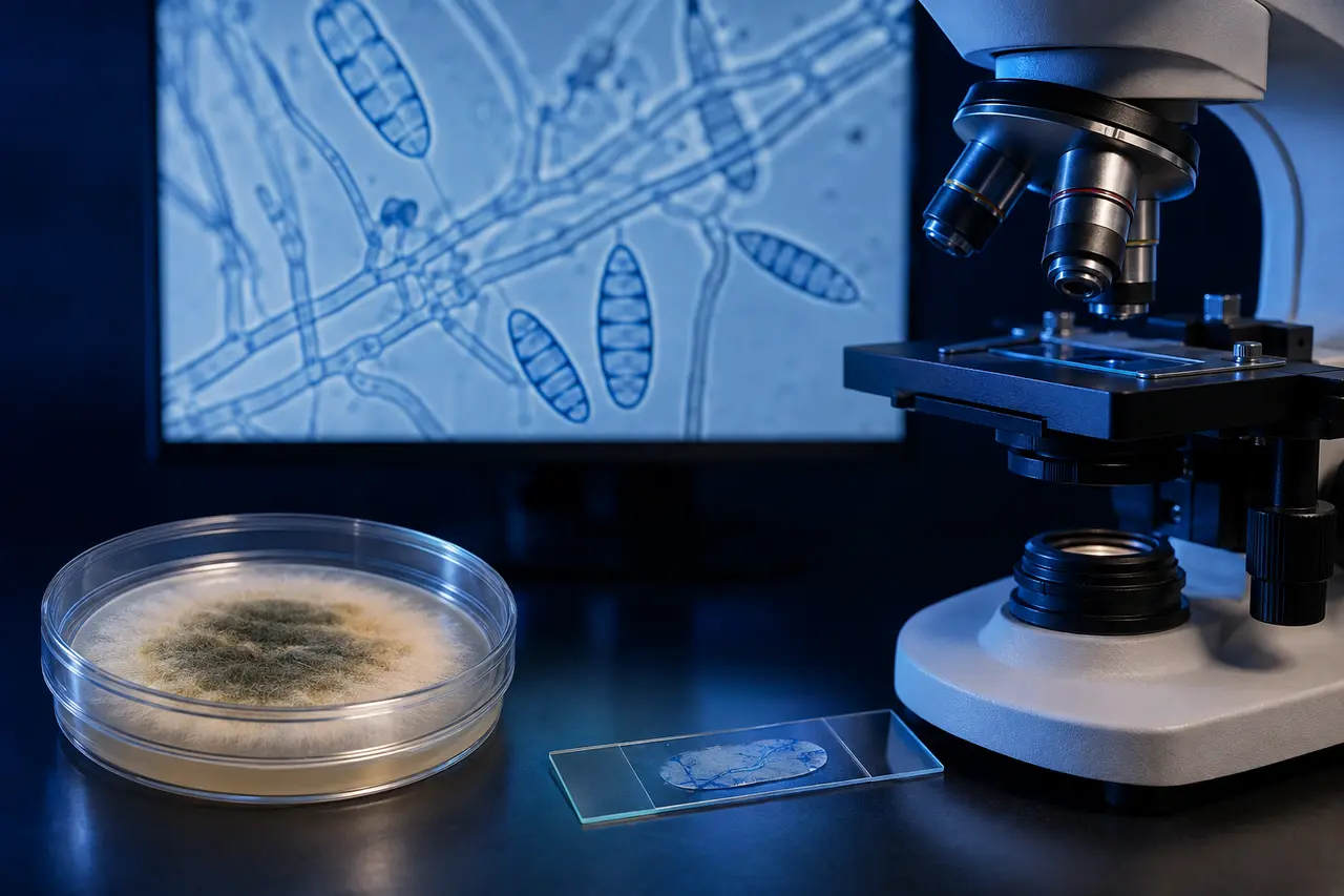 Microscopio, cultivo fúngico y preparación para observar estructuras de dermatofitos.