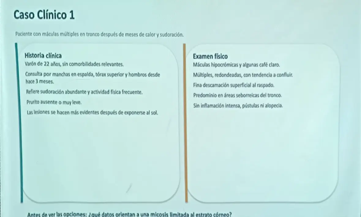 Diapositiva del caso clínico de pitiriasis versicolor