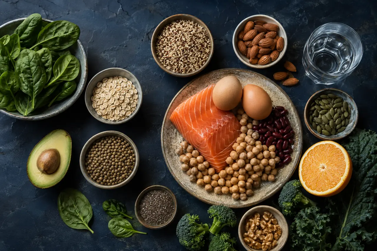 Selección de alimentos fuente de proteínas, fibra, grasas saludables, vitaminas y minerales.