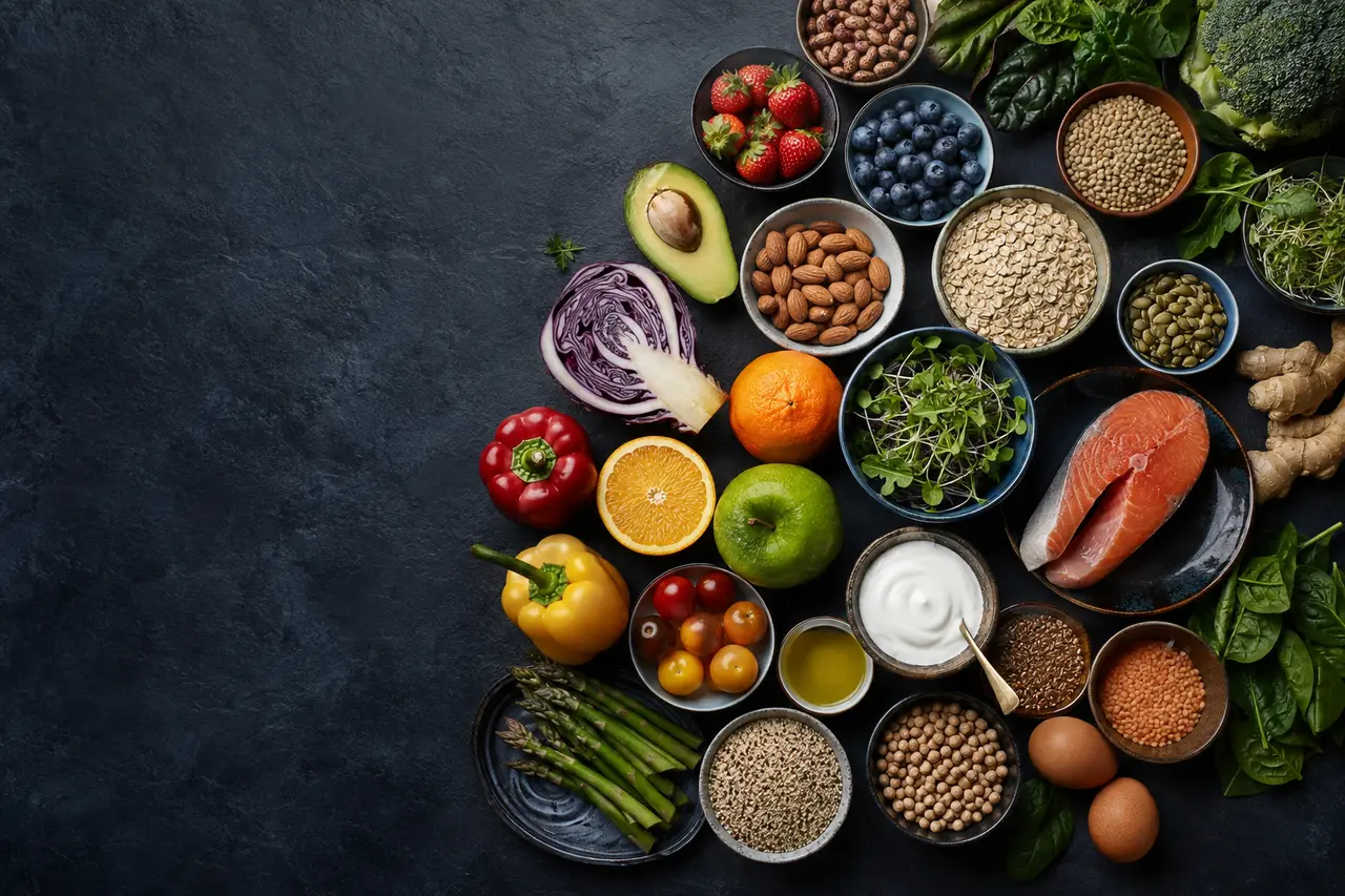 Selección variada de frutas, verduras, legumbres, cereales, huevos, pescado, frutos secos y semillas.