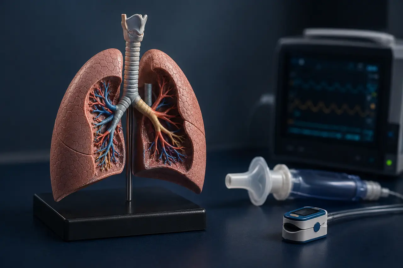 Modelo pulmonar y equipo de evaluación respiratoria en un entorno clínico.