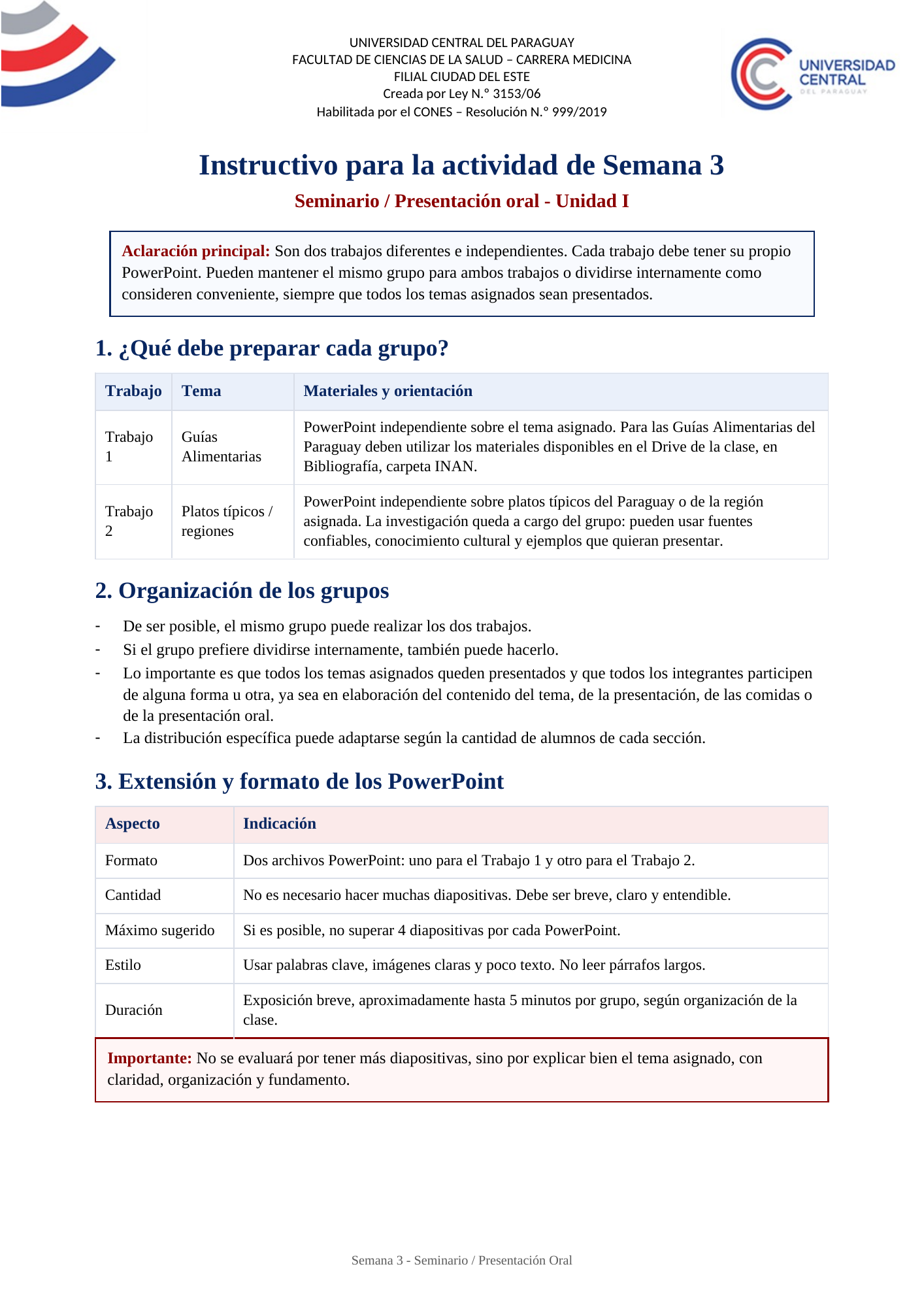 Página 1 de las instrucciones para la presentación oral